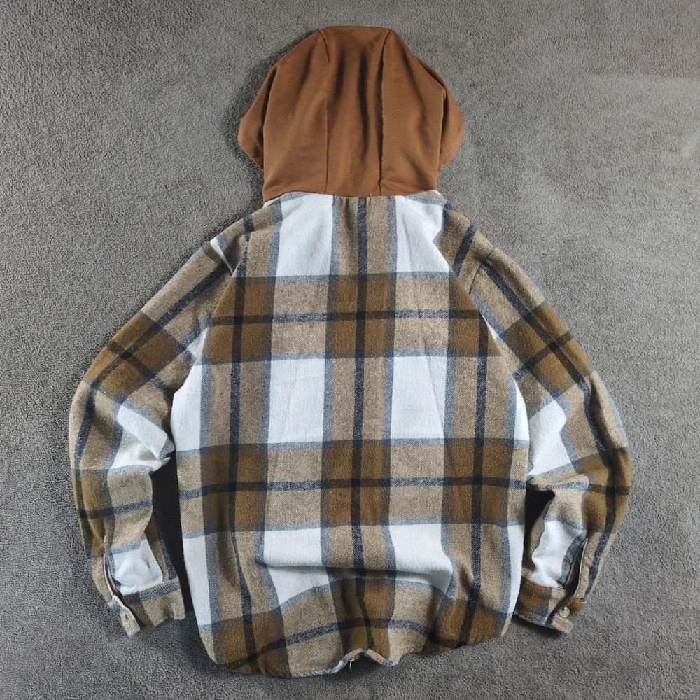 HAHA MAMA Women's Plaid Flannel Hooded Shirt Jacket Brown White Size L - Picture 2 of 7